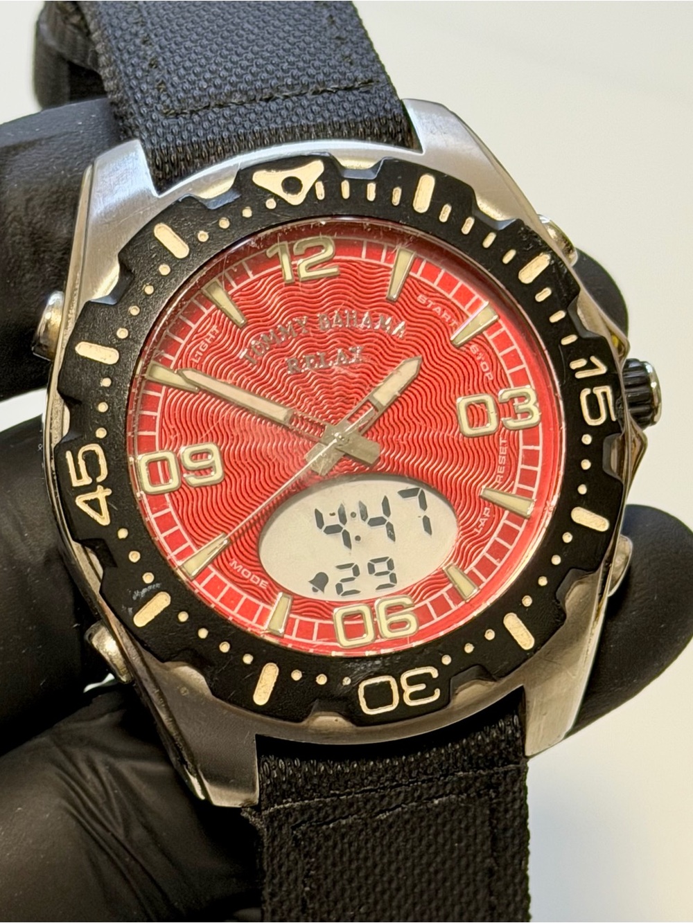 Tommy Bahama Relax RLX1003 Analog-Digital Red Dial Silver SS 44mm Men’s Watch